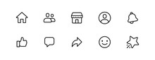 Social Network App, Web Icons Set. Home, Friends, Marketplace, Bell, Star, Give, Emoji, Icon - Social Media Notification Icons. Like, Comment, Share, Thumb Up, Icon, Button. Vector App Interface