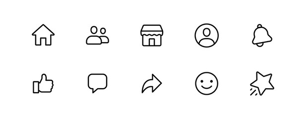 Canvas Print - Social network app, Web icons set. home, friends, marketplace, bell, star, give, emoji, icon - Social media notification icons. like, comment, share, thumb up, icon, button. vector app interface