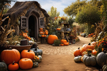 Wall Mural - Halloween spooky background, scary jack o lantern pumpkins in creepy dark Happy Haloween ghosts horror mysterious night village street garden with old haunted house mystic backdrop.