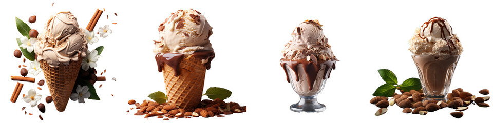 Wall Mural - transparent background and chocolate ice cream with almonds