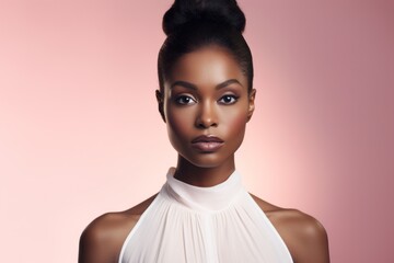 Beautiful black young woman face portrait with perfect skin and makeup. Afro American fashion model generated by AI