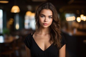 Portrait of a beautiful young brunette model in a bar. European young woman with dark hair for dating service. Generative AI lady face