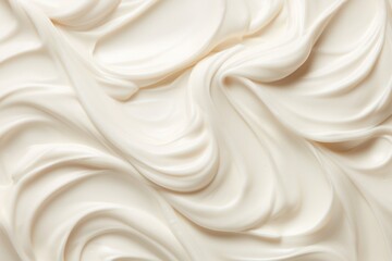 White cream texture, top view. Liquid yogurt surface background. Natural cosmetology material. Wavy thick mass cosmetic. Generative AI cosmetology material pattern