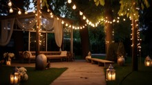 Garden With Outdoor String Lights, Wooden Floor Planks, Candles And Lamps In The Evening Created With Generative AI