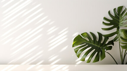 Sticker - tropical plant in a pot on the background of a white wall illuminated by the rays of the sun, legal AI