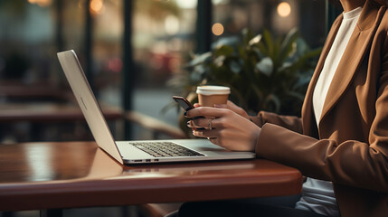 Poster - Business woman with laptop in cafe drinking coffee, legal AI