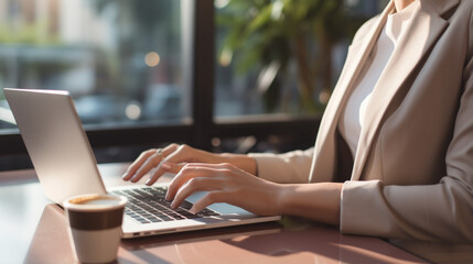 Poster - Business woman in a cafe with a laptop and a cup of coffee, legal AI