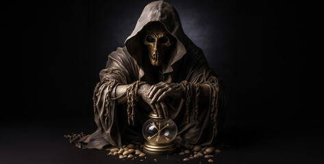 Wall Mural - Hooded man with deformed face gripping a small hourglass hd wallpaper