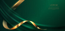 Abstact Luxury Green Curve With Golden Ribbon And Lighting Effect On Green Background.