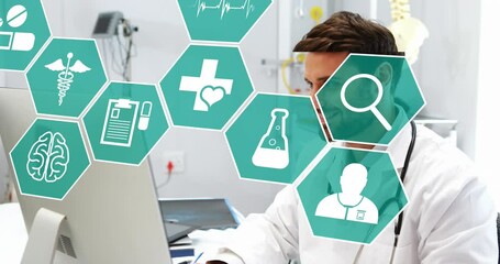 Sticker - Animation of icon in hexagons over caucasian doctor checking patient records in computer