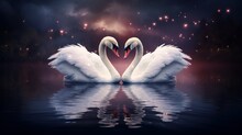 Two Beautiful Swans On A Lake Shape Heart With Their Long Necks And Kiss Each Other. Romantic Postal Card. Pc Desktop Wallpaper Background. 16:9, 4k. Generative AI
