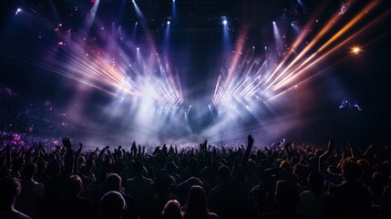 a huge crowd of people dancing on stage at a music concert with epic lights and fireworks on the arena stadium. alien galaxy performance. desktop wallpaper background, 16:9, 4k. Generative AI