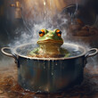 Funny relaxed frog sitting in a boiling pot of water