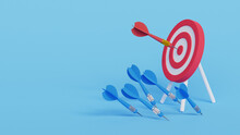 Success after many failures concept, Failure gives experience and makes you successful, Archery target ring with one hitting and many missed arrows. 3d illustration