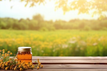 Jar of honey and chamomile on a wooden table with green fields in the background