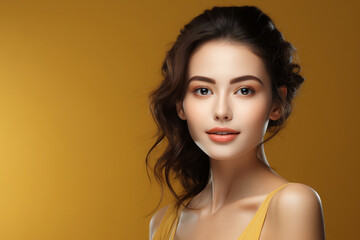 Portrait of beautiful Asian girl with long curly hair. Perfect Fresh Clean Skin. Youth and skin care concept.