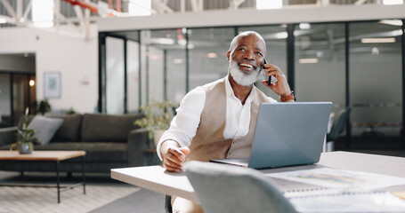 Poster - Smile, phone call or happy senior businessman in office for networking, good news or deal negotiation. Black man, laptop or mature CEO on mobile communication for target, discussion or sales mission