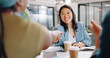 © K Davis/peopleimages.com - Business woman, handshake and success in onboarding, meeting and applause for hiring agreement or partnership. Contract, deal and congratulations for recruitment of Asian employee in office with HR