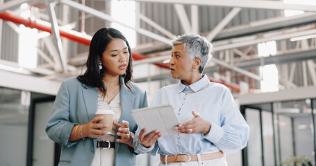 Aufkleber - Business, tablet and mature woman with employee, talking and walking in modern office. Women, female administrator and manager speaking, conversation for schedule and leader in workplace or corporate