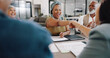 © K Davis/peopleimages.com - Business people, handshake and success in b2b meeting, agreement and applause for contract, deal or partnership Shaking hands, diversity and congratulations in achievement with crm collaboration