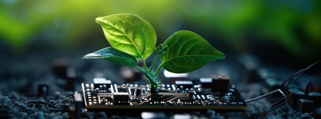 Small plant on circuit board, technology and sustainability concept. Generative AI