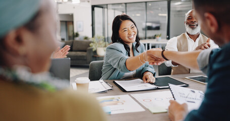 Aufkleber - People, shaking hands and success in business meeting, negotiation and applause for agreement and b2b partnership. Contract, paperwork and congratulations for deal, collaboration or crm handshake