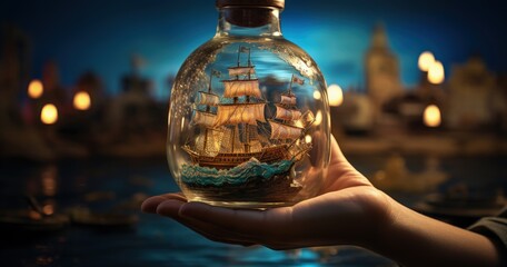 Wall Mural - Glass bottle with pirate ship inside, fantasy and imagination concept. Generative AI