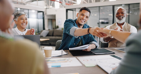 Aufkleber - Business people, handshake and success in meeting, agreement and applause for onboarding or hiring employee. Paperwork, diversity and congratulations for recruitment of man in office with management