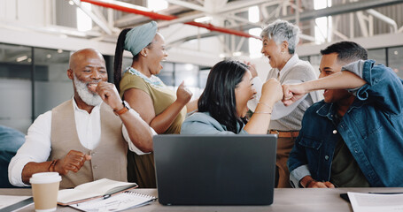 Business people, fist bump and success on laptop for startup news, team goals or winner sales and bonus. Employees with motivation, celebration and excited for email, winning and results on computer