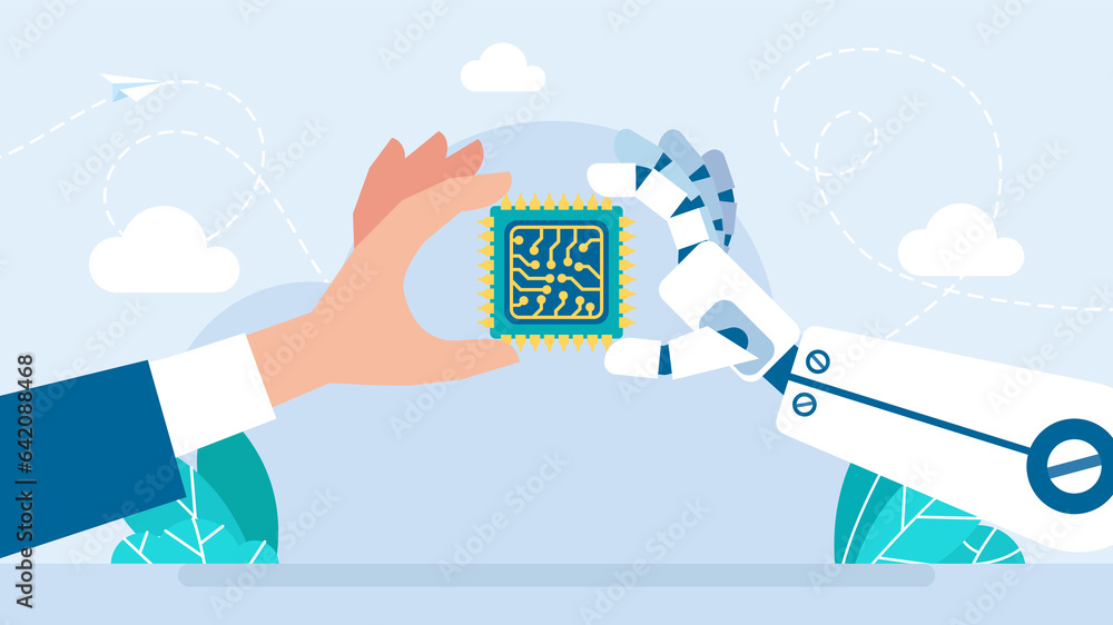 Human and robot cooperation. Artificial Intelligence. Concept robot ...