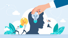 A Businessman Replaces A Light Bulb In Head. Updating Ideas. Wisdom, Knowledge Or Creativity To Solve Problems, Intelligence. Replace New Lightbulb Idea On The Brain In His Head. Flat Illustration