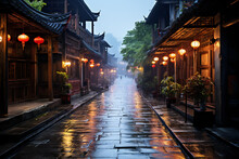 Old Chinese Town With Narrow Streets In A Rainy Day
