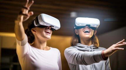 Aufkleber - Man and woman are having fun by using a virtual reality headset at home, standing and looking and pointing finger at objects in virtual reality.