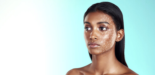 Makeup, change and facial recognition with woman, beauty and skincare on a white studio background. Person, thinking and model with cosmetics, face scan and futuristic treatment for healthy skin