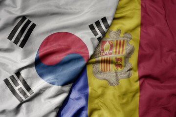 big waving national colorful flag of south korea and national flag of andorra .