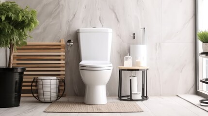 Modern toilet room interior, Classic white ceramic toilet bowl with water tank and opened seat lid.