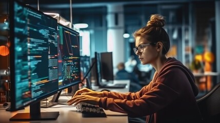 Leinwandbilder - Female Software Engineer Writes Code on Desktop Computer In Modern Office.