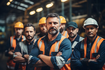 Wall Mural - Group of worker engineer teamwork diverse people mix race in heavy industry standing confident