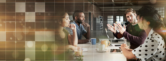 Wall Mural - Business people, conversation and teamwork in a meeting, planning or feedback for proposal, project or tech startup. Mockup space, bokeh or leader with group, grid or ideas with discussion or talking