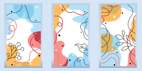 Aufkleber - Template with abstract modern background with fluid organic shapes, pastel colors. Fluid blue-red background with lines and leaves. Abstraction.
