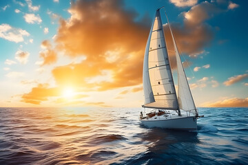 Wall Mural - Sailboat in the sea under sunlight, luxury summer adventure, outdoor activities at sea. Sailboat sailing on ocean 