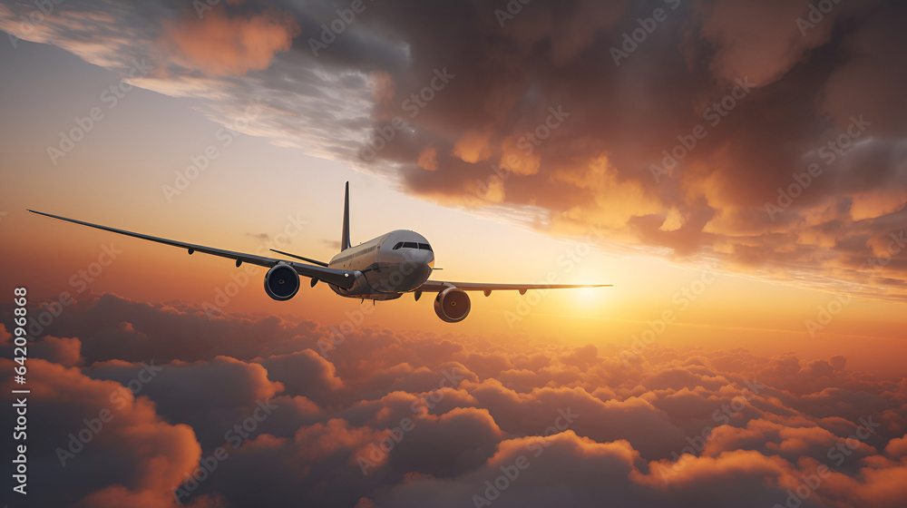 Passenger plane flies among the clouds of sunset sunbeams in pink and ...