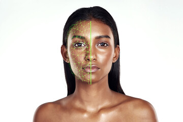 Portrait, beauty and facial recognition for skincare with a woman in studio isolated on white background. Technology, hologram and skin with a model scanning her face for change or transformation