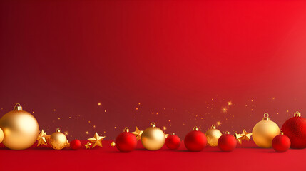 Wall Mural - Christmas and New Year minimalist background. red and gold christmas glass balls and stars on red background with copy space for text. The concept of Christmas and New Year holidays
