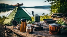 Camping Equipment Like Gear, Pots And Tent Near The Lake Created With Generative AI