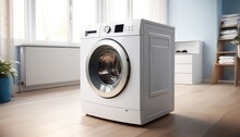 a new washing machine in a bright, cozy laundry room is ready to be connected. 