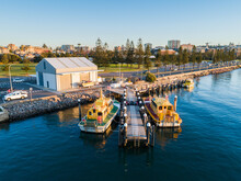 Sunset Light On Boats At Newcastle Foreshore Seen From Aerial View