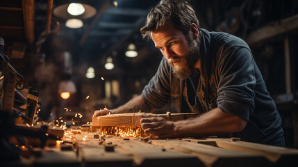 Professional carpenter working in the table.