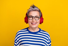 Photo Of Attractive Pensioner Woman Listen High Quality Wireless Apple Airpods Pro Best Noise Isolation Painted Over Yellow Background