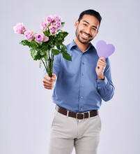 Roses, Portrait And Asian Man With Purple Heart In Studio For Thank You, Gift Or Care On White Background. Paper, Frame And Japanese Male Model With Flower, Bouquet Or Offer, Love Or Valentines Day